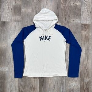 Vintage Y2K Nike Hooded T-Shirt Women's Sz L Long Sleeve Center Logo White Blue